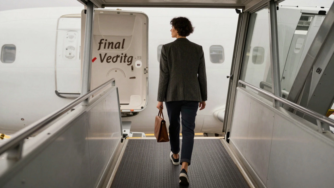 Confident traveler walking down jet bridge with slim clutch