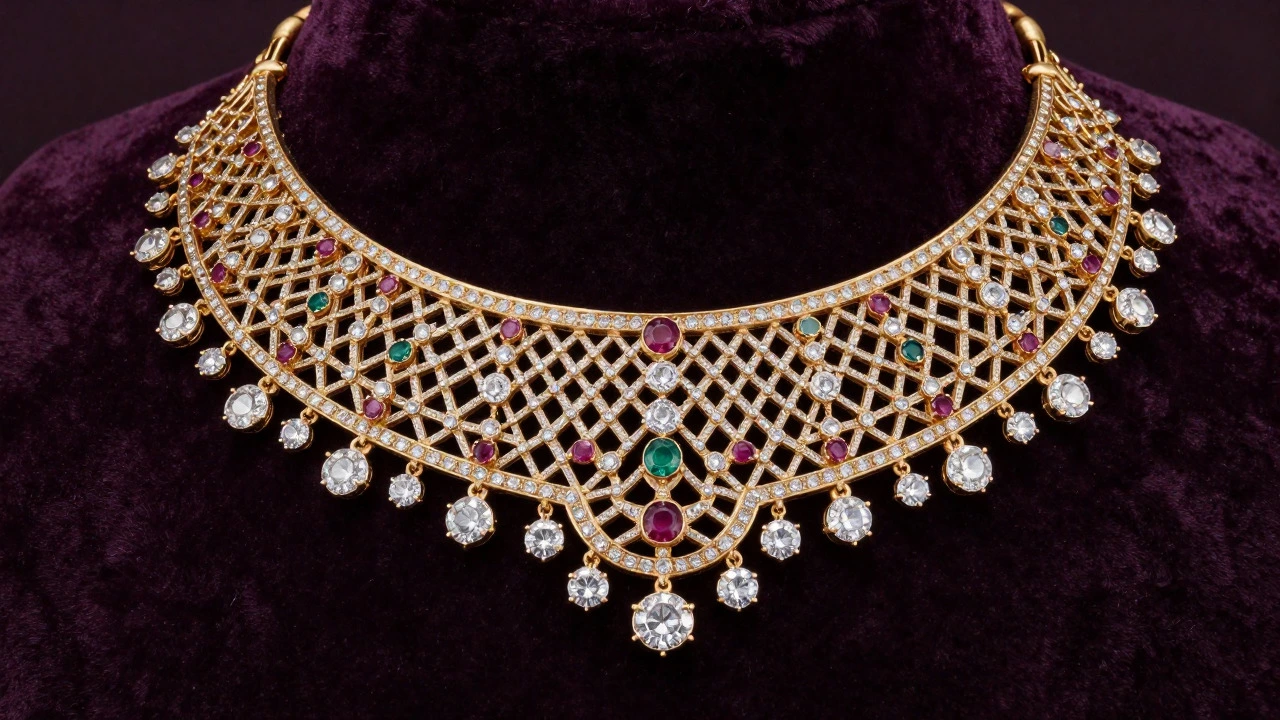 Intricate Indian gold necklace with Jali design and small diamonds