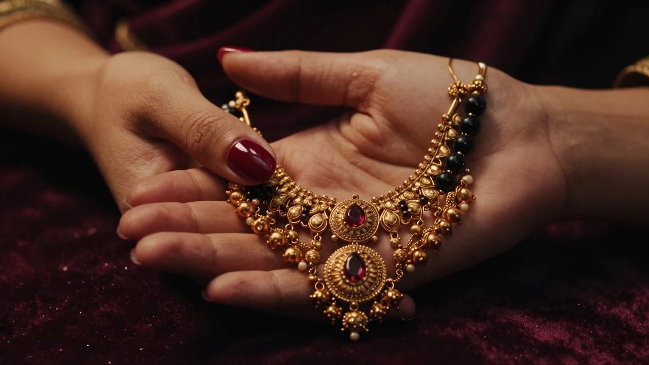 Oxblood burgundy nails paired with traditional Indian gold mangalsutra