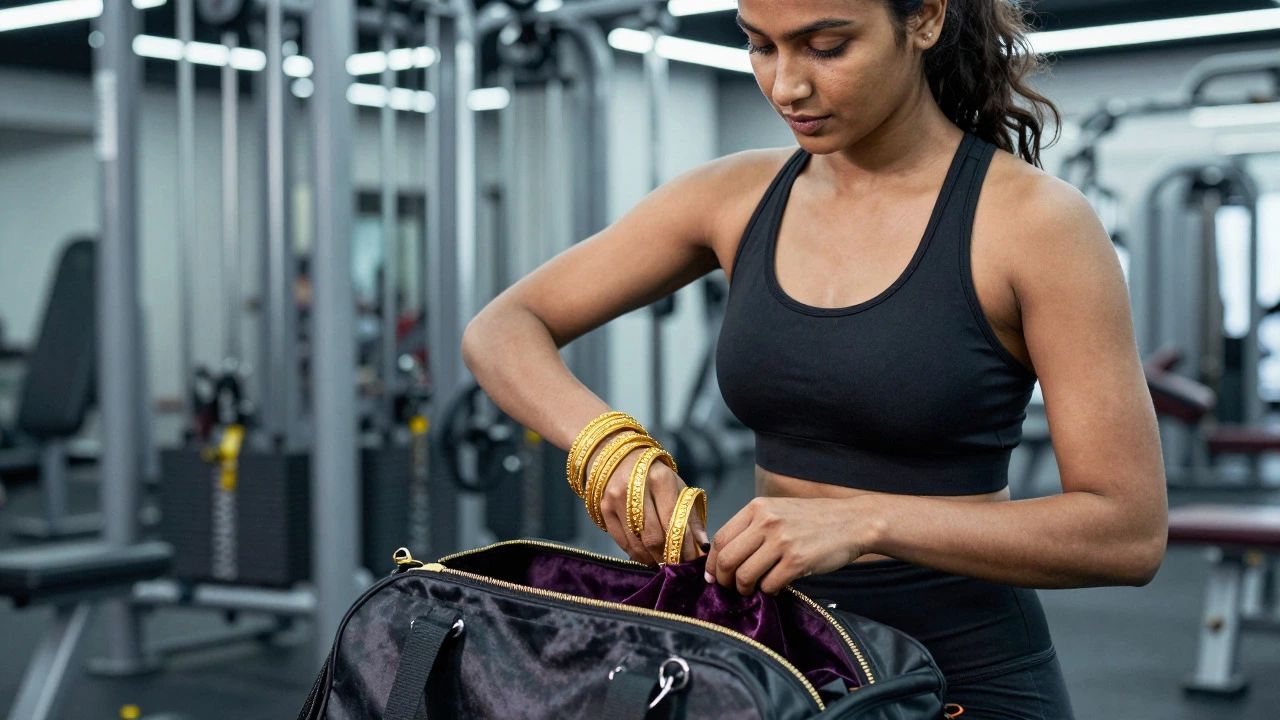 Placing heavy gold bangles in a pouch before gym session