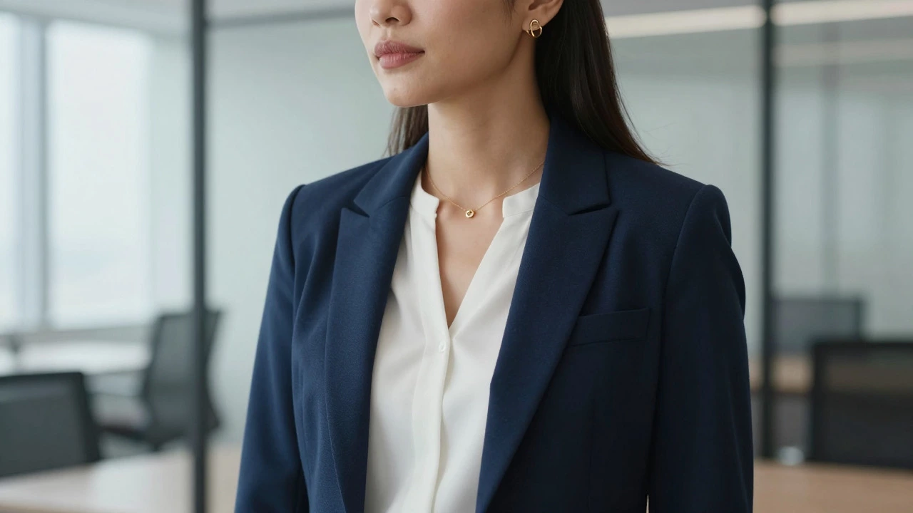 Professional woman wearing minimal gold jewelry in office