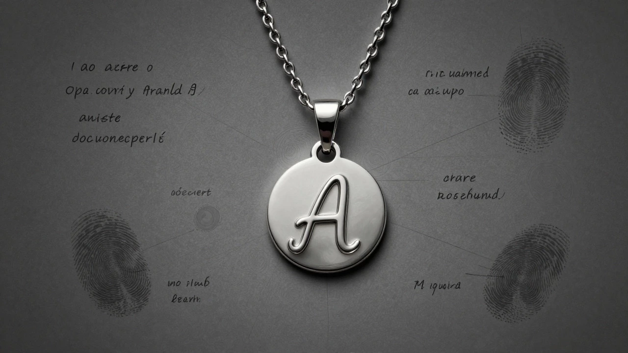 Silver personalized necklace with engraved initial, surrounded by symbolic sketches.