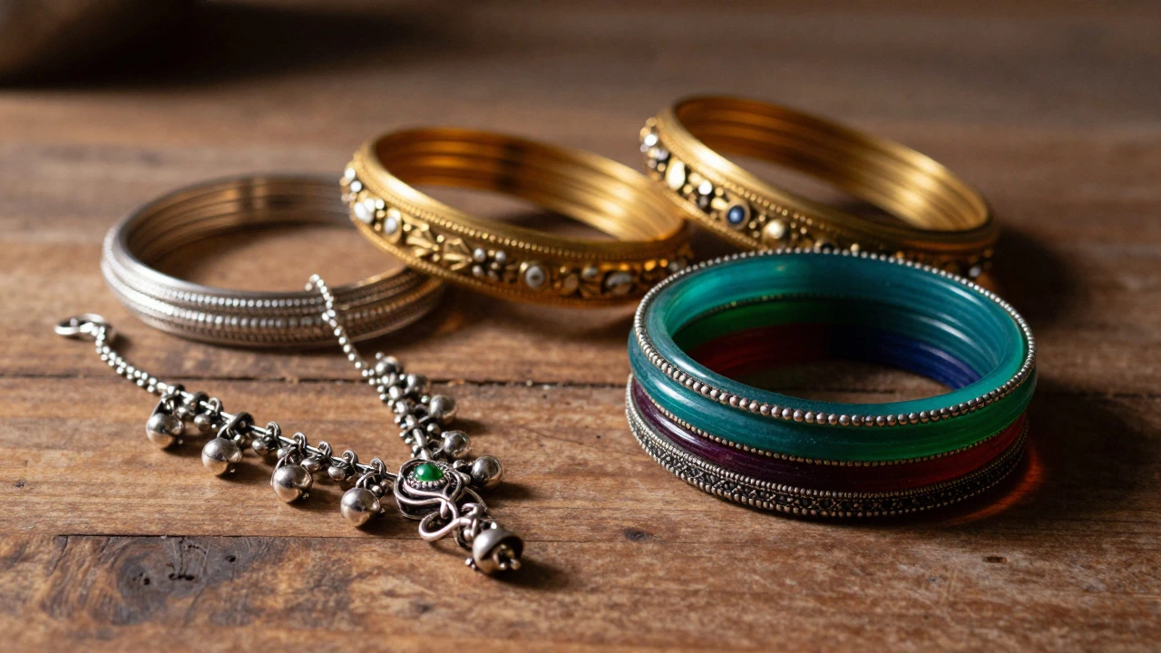 Still life of silver Payals, colorful glass bangles, and gold Kadas on a wooden surface