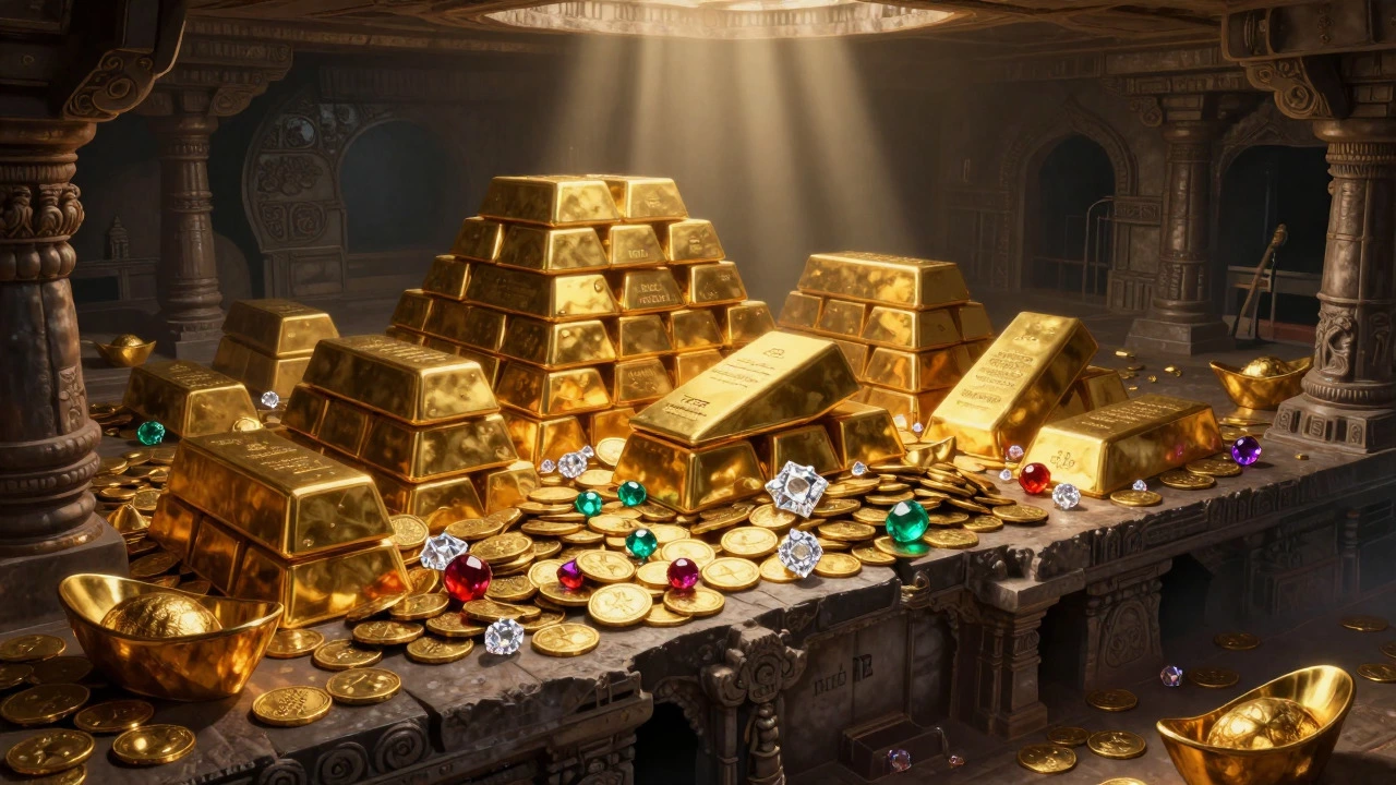 Underground vault filled with ancient gold bars, coins, and precious gems