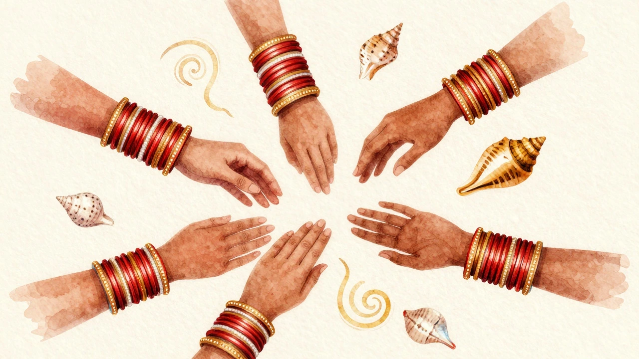 Watercolor illustration of hands exchanging bangles, symbolizing Indian jewelry heritage