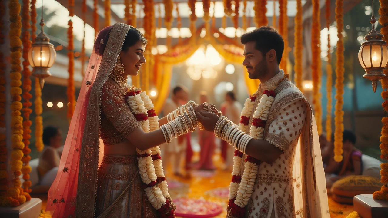 Bride with symmetrical bangle stacks at wedding