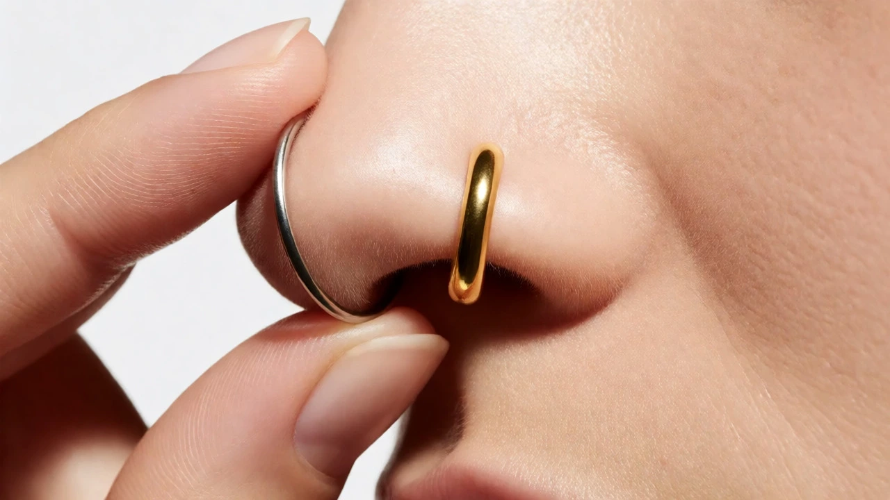 Close-up comparing thin and thick nose pins on a nostril