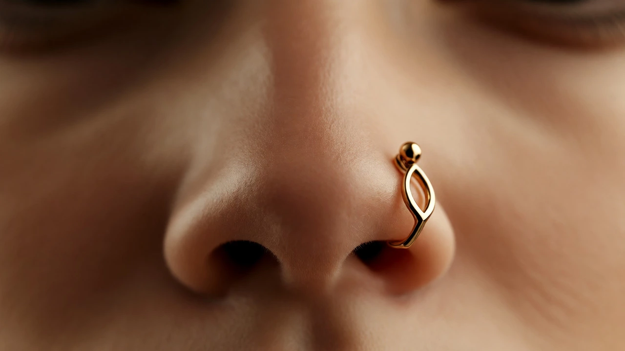Close-up of a gold teardrop nose pin on a straight nose