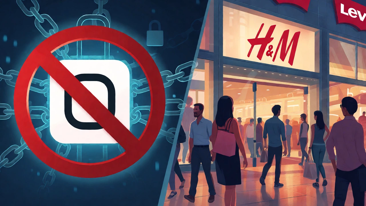 Conceptual split image showing banned apps versus open physical fashion stores in India