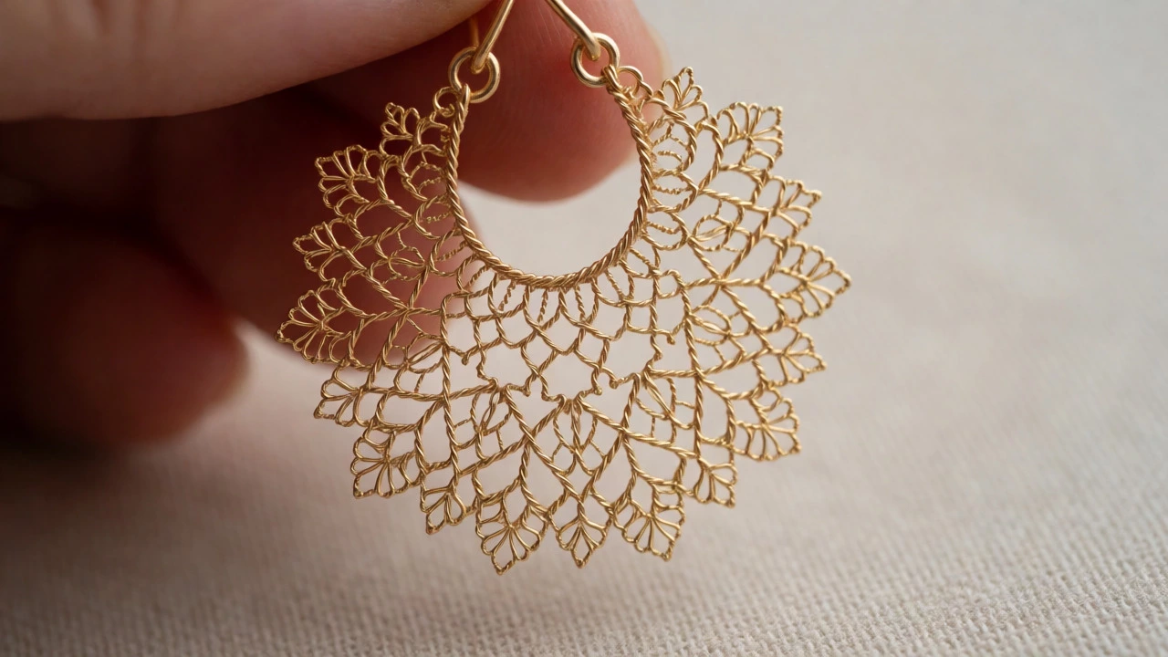 Delicate Nakshi filigree earrings made of twisted fine gold wires.