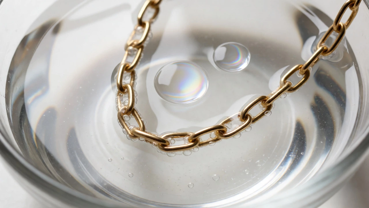 Gold chain soaking in vinegar and water solution with rising bubbles