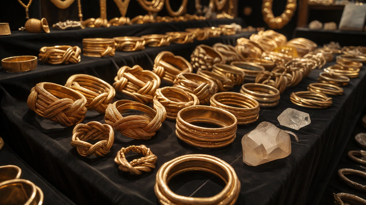 Heavy Middle Eastern gold belts and bangles with large gems displayed on dark velvet.