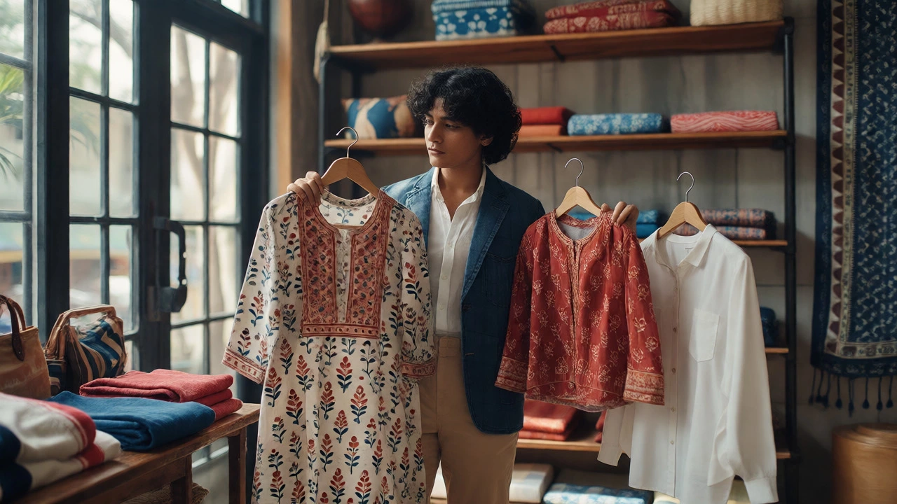 Person comparing a local hand-block kurti with fast fashion in a boutique