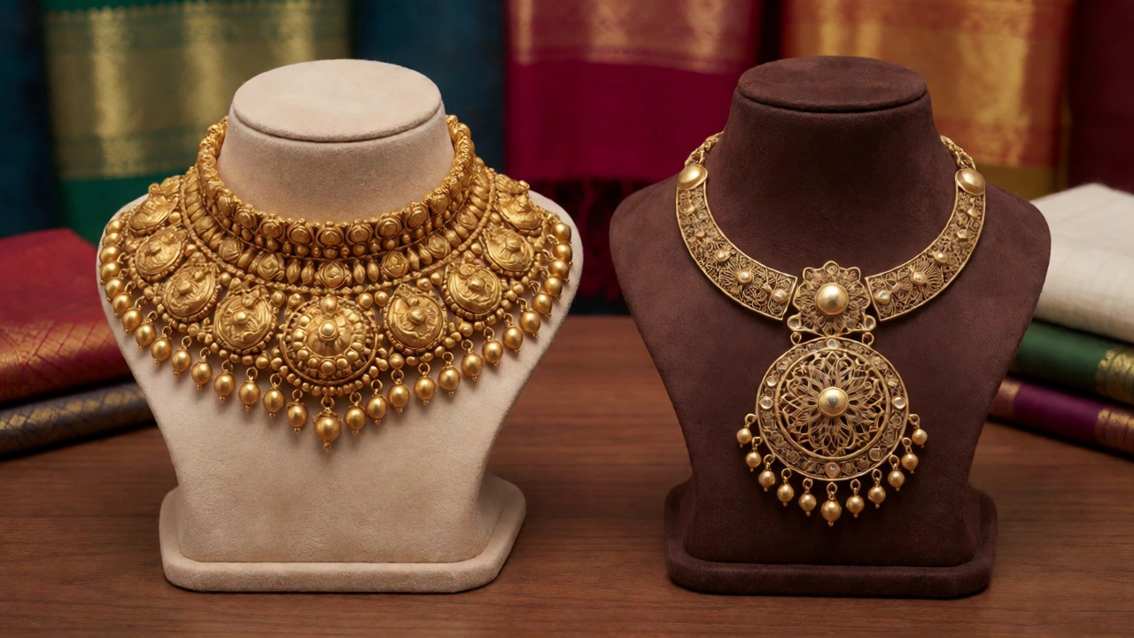 Side-by-side comparison of solid Temple jewelry and delicate Nakshi filigree.