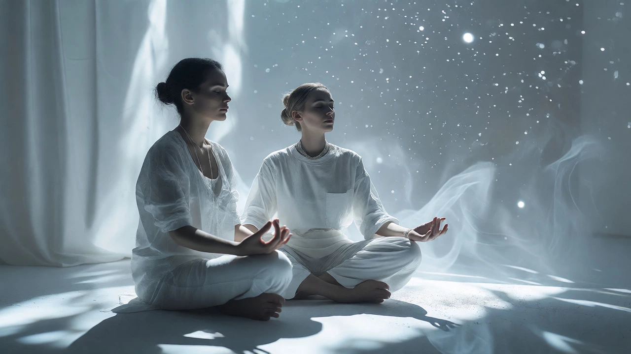Woman in white meditating peacefully with silver jewelry