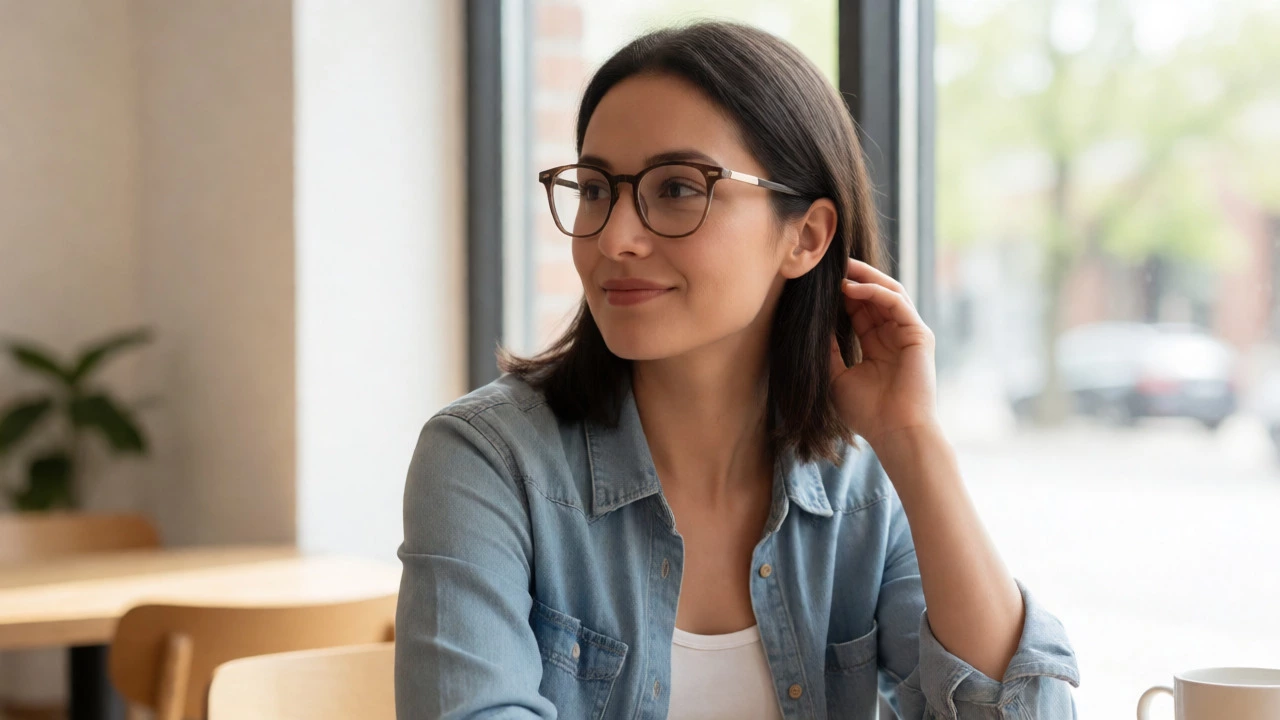 Woman with glasses wearing a subtle nose stud comfortably