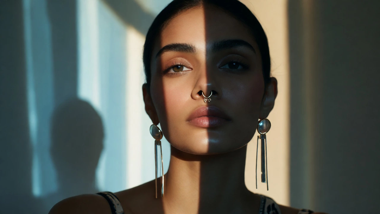 Woman with high cheekbones wearing dangling earrings