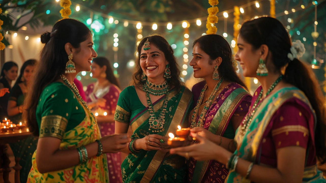 Women celebrating Diwali with green jewelry and festive lights