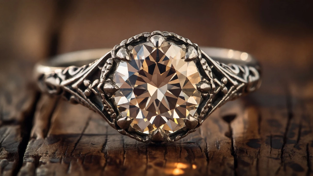 Antique Old Mine cut diamond in an Art Deco platinum setting under warm light