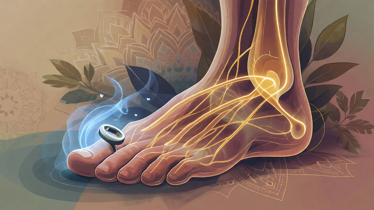 Artistic diagram showing Ayurvedic nerve connections from toe rings