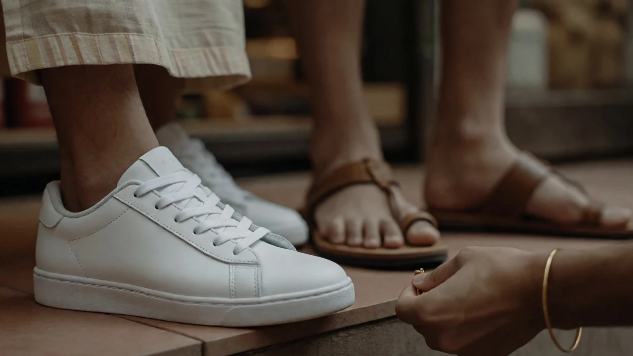 Close-up of white sneakers with kurta hems and traditional sandals, highlighting footwear choices.
