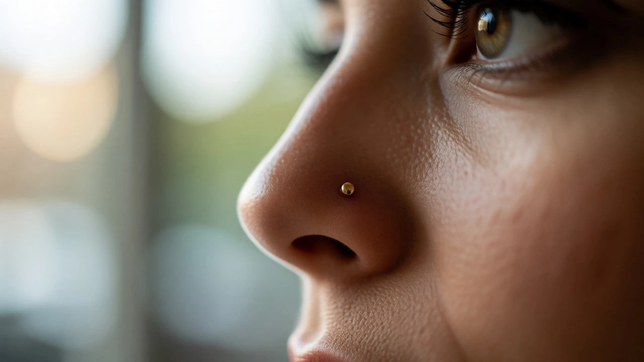 Close-up profile of a woman with a left-side nose stud, highlighting facial balance.