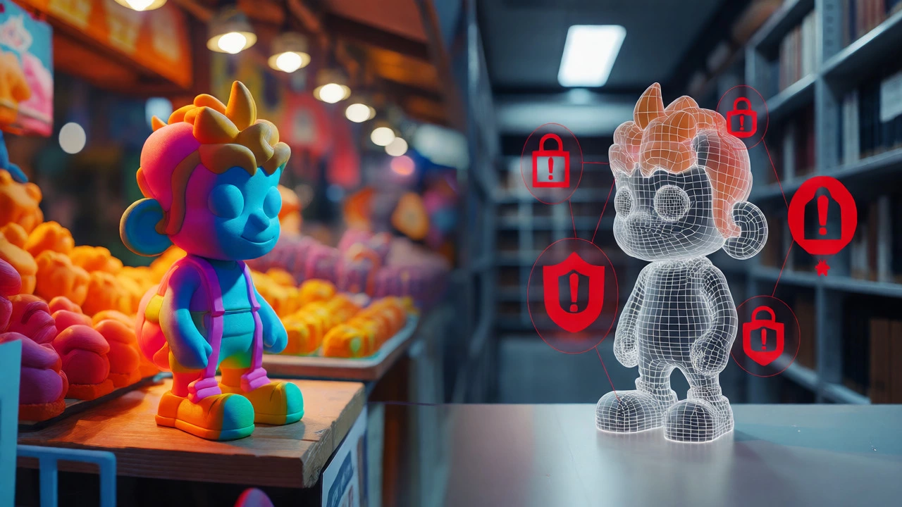 Conceptual art showing a 3D printed toy next to copyright and patent symbols.