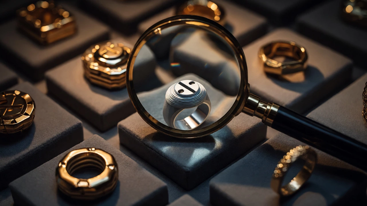 Macro shot comparing a 3D printed ring replica with authentic luxury jewelry.