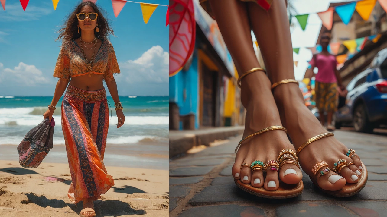 Modern woman wearing stylish stacked toe rings in a street setting