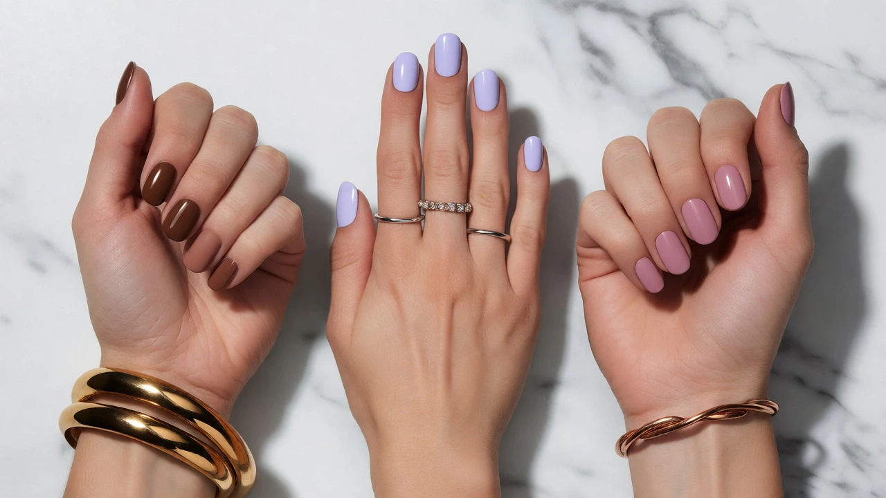 Nail colors matched to yellow, white, and rose gold