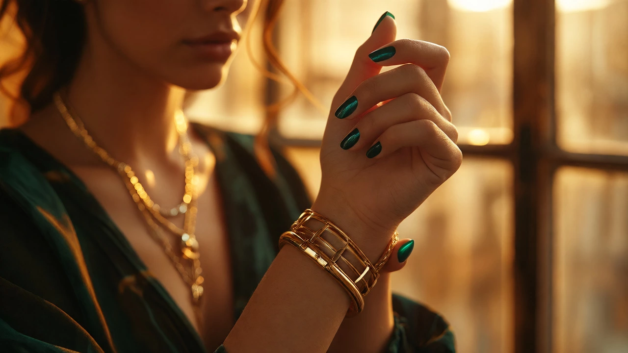 Olive-skinned hand with emerald nails and gold bracelets
