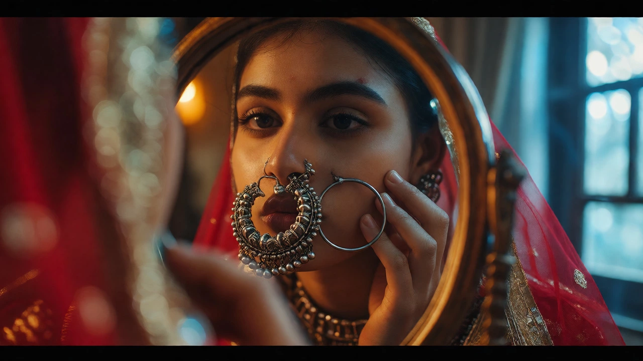 Person comparing traditional and modern nose jewelry in a mirror