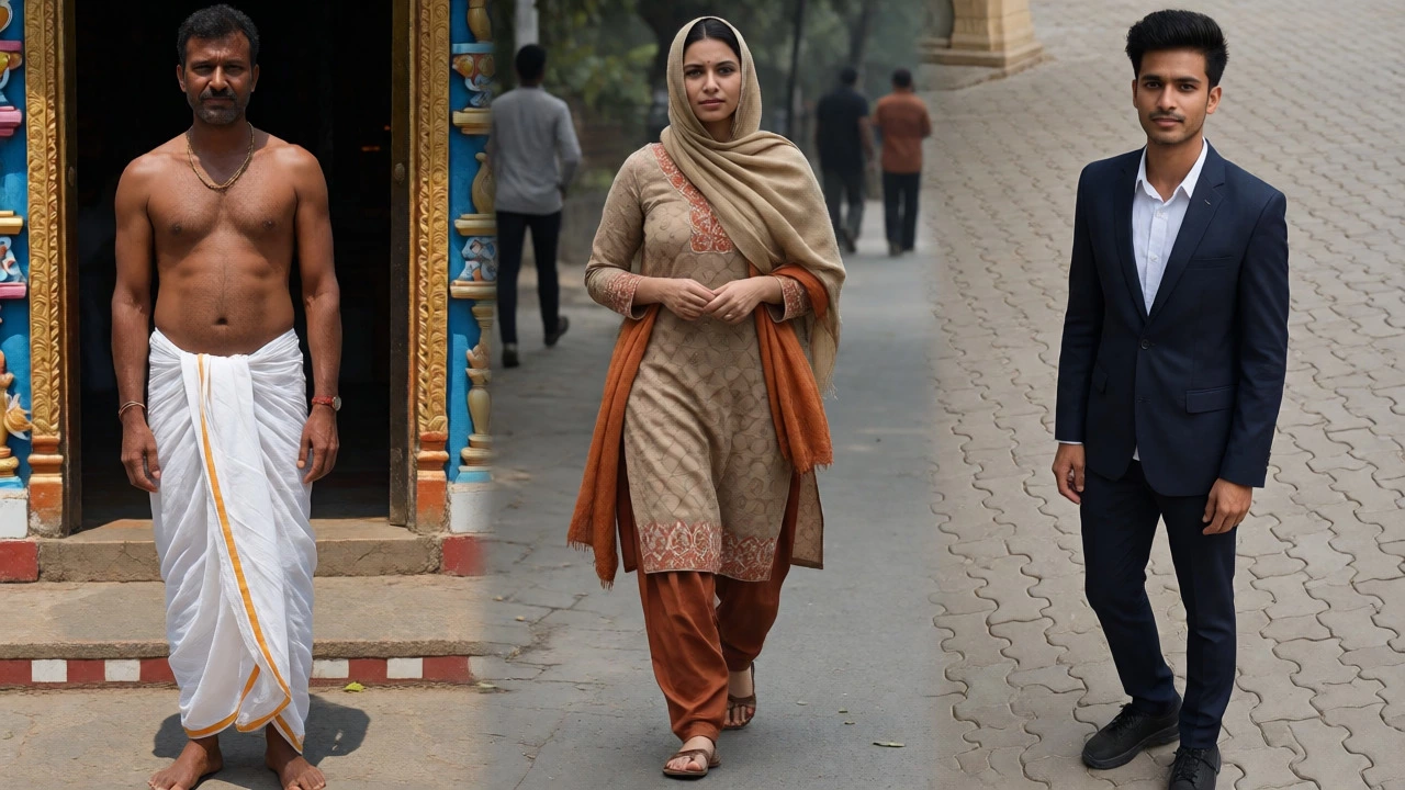 Regional fashion comparison: Southern dhotis, Northern salwars, and urban fusion wear.