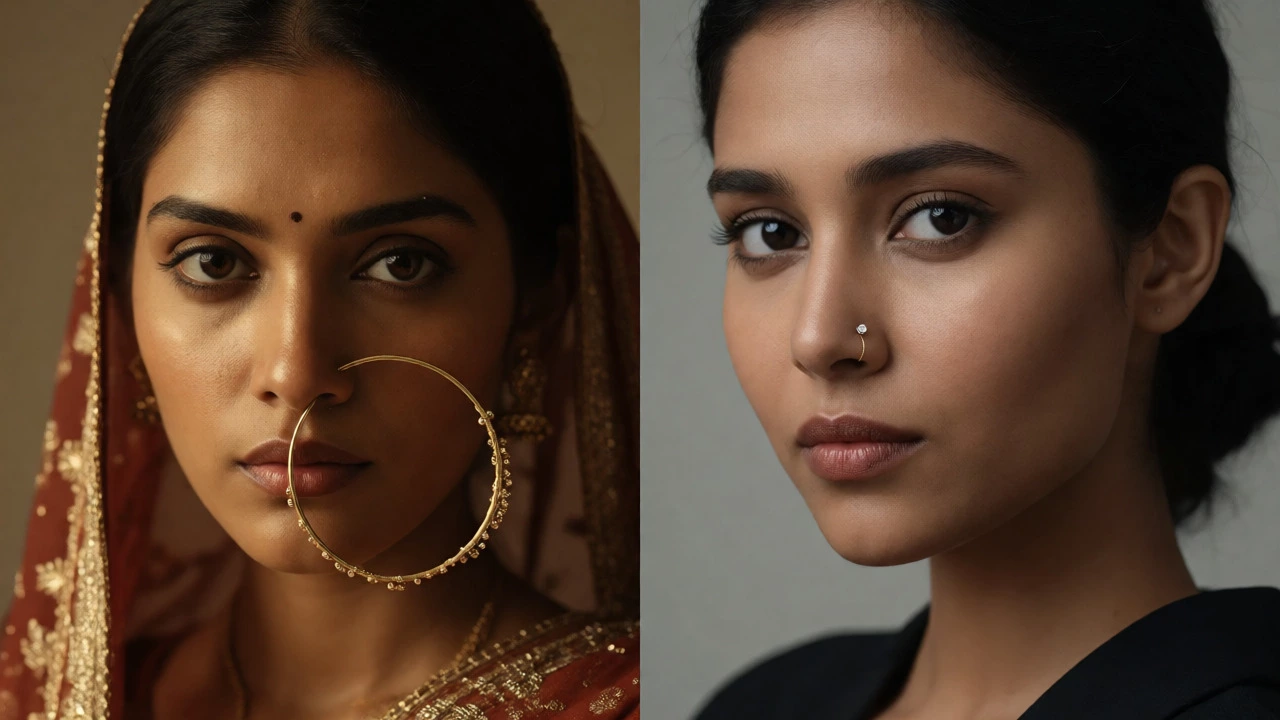 Split image comparing traditional left-side Nath with modern right-side stud styles.
