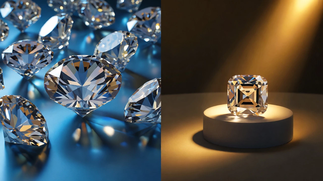 Split view comparing abundant modern diamonds against a rare illuminated antique stone
